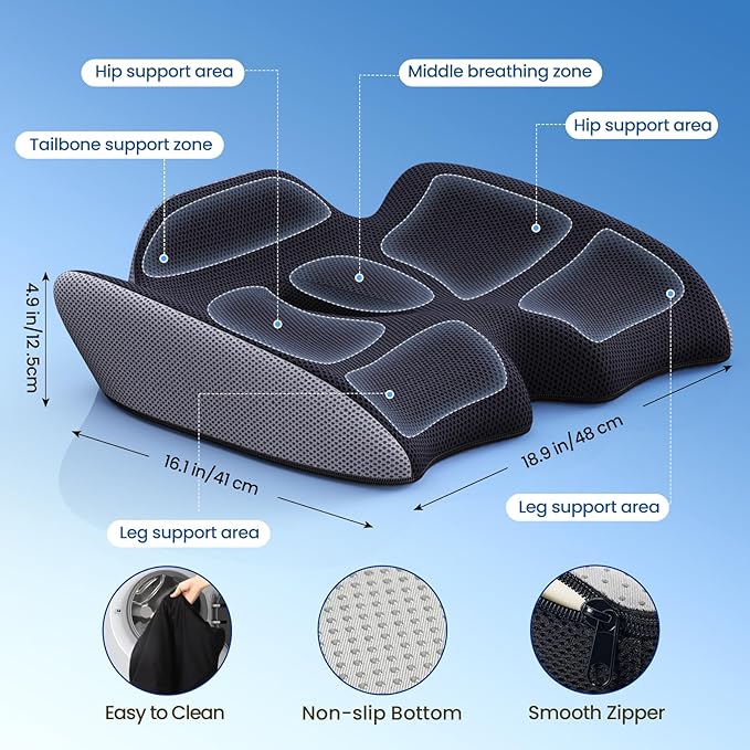 Benazcap Large Pressure Relief Seat Cushion for Tailbone Pain Office Chair Cushion for Butt, Back Pain, Coccyx & Sciatica Pain Relief Pillow. Memory Foam Seat Cushions for Office Chairs