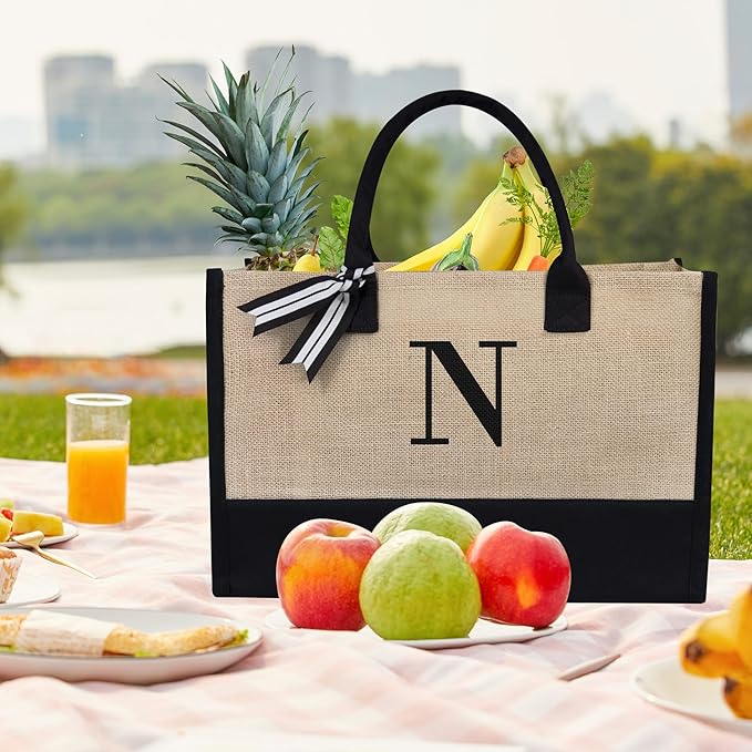TOPDesign Initial Jute/Canvas Tote Bag, Personalized Present Bag, Suitable for Wedding, Birthday, Beach, Holiday, is a Great Gift for Women, Mom, Teachers, Friends, Bridesmaids(Letter N)