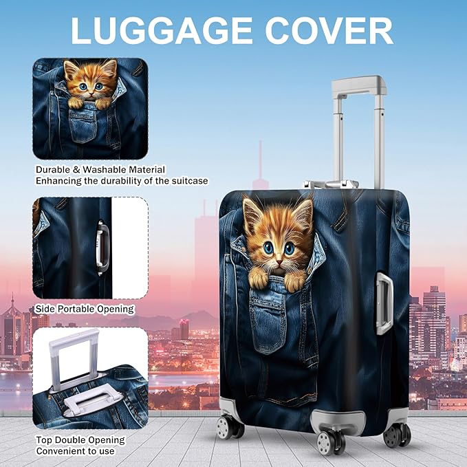 ANNA QUEEN Cute Kitten in Pocket Luggage Cover, Funny Cat Suitcase Protector with Denim Print, Stretchable & Washable Spandex Travel Cover for 28-30 Inch Luggage