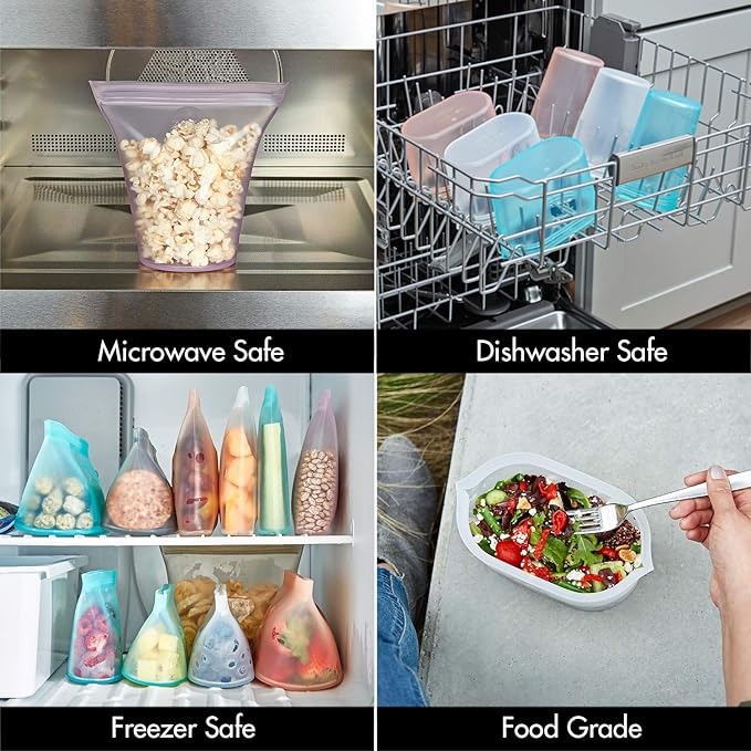 Zip Top Reusable Food Storage Bags | Sandwich Bag [Peach] | Silicone Meal Prep Container | Microwave, Dishwasher and Freezer Safe | Made in the USA