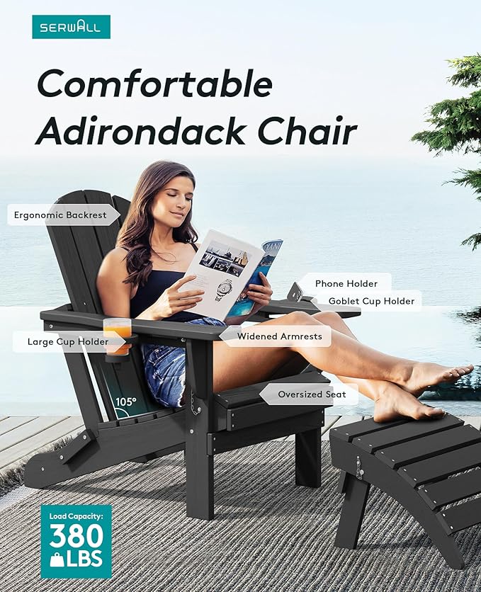 SERWALL HDPE Folding Adirondack Chair with Dual Cup Holder - Composite Adirondack Chair Set of 4- Black