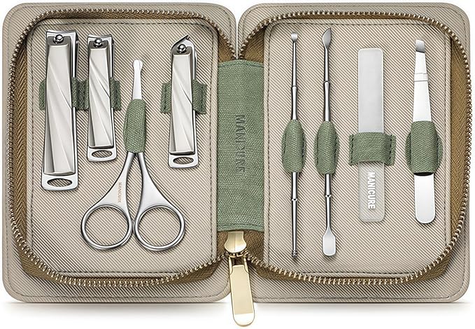 8-Piece Manicure Pedicure Set-Stainless Steel Nail Clippers Toenail Fingernail Cutters with Travel Case Complete Grooming Kit (Blue)