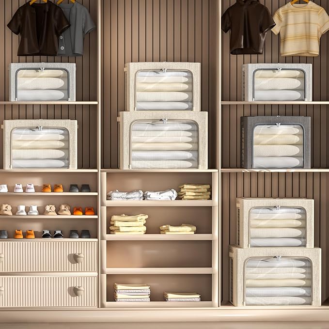 4 Pack Clothes Storage Bins with Metal Frame - Linen Fabric Foldable Stackable Container Organizer Set with Clear Window & Carry Handles & Zippers (Light Grey, 19.7"x15.7"x13")