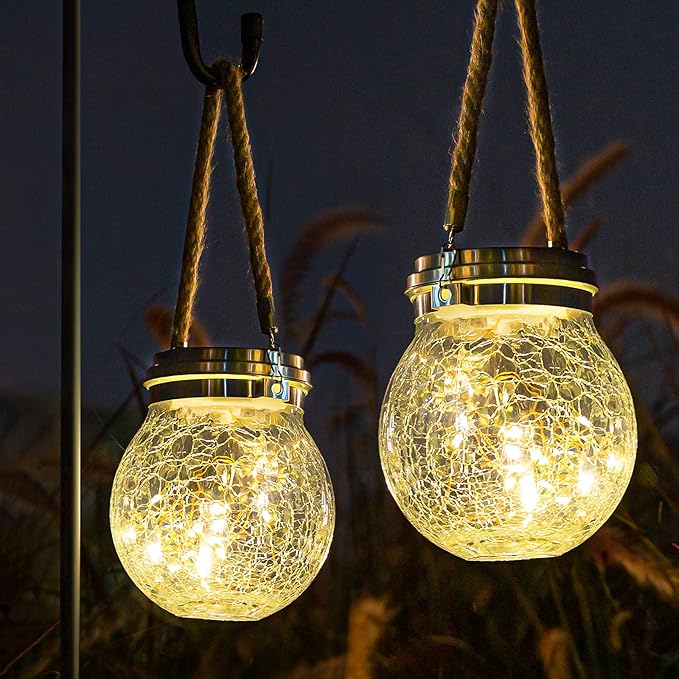 ROSHWEY Solar Lantern, 2 Pack Garden Decor Lights Waterproof Outdoor Lanterns with 30 LED Solar Lights Patio Hanging Lights for Backyard Fence Pathway Porch Christmas Decorative, Warm White
