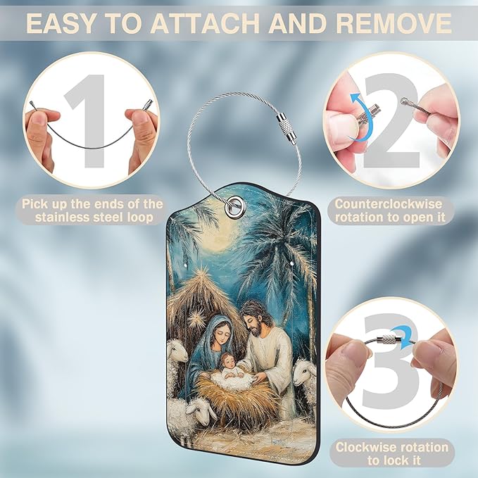 2 Pcs Nativity Scene Luggage Tags for Suitcases PU Leather Baggage Tags Name ID Label with Privacy Cover and Stainless Steel Loop for Men Women Travel Bag Suitcase