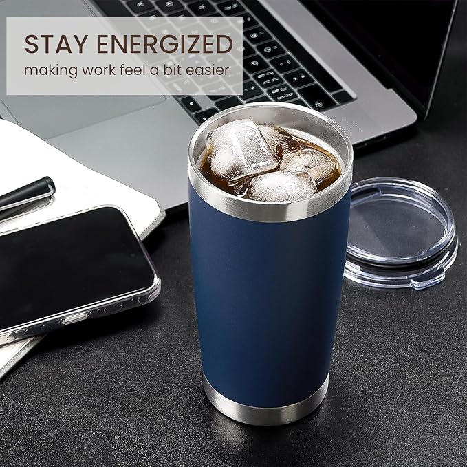 MEWAY 20oz Tumbler 8 Pack Double Wall Vacuum Insulated Travel Mug Bulk, Stainless Steel Tumblers with Lid and Straw, Durable Powder Coated Coffee Cups for Cold & Hot Drinks (Navy, 8)