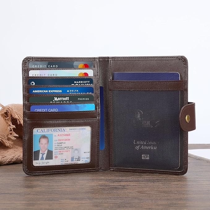 Polare Luxury RFID Blocking Leather Passport Holder Travel Wallet For Men and Women (Coffee with AirTag Slot(Snap Version))