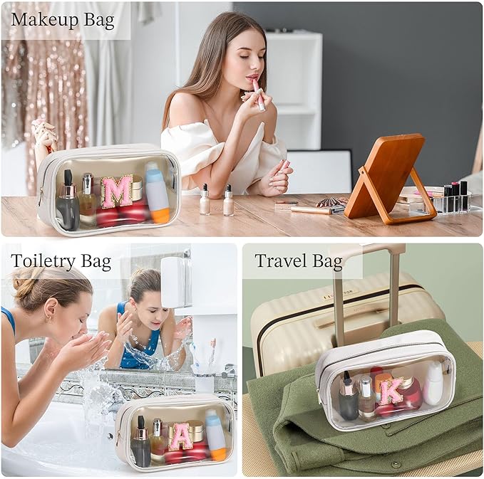 YOOLIFE Initial Make Up Bag Travel Toiletry Bag, Clear Makeup Bag Preppy Stuff Travel Essentials Pink Gifts for Women Teen Girlfriend Teacher Mom Birthday Birthday Gifts for Her Wife White A
