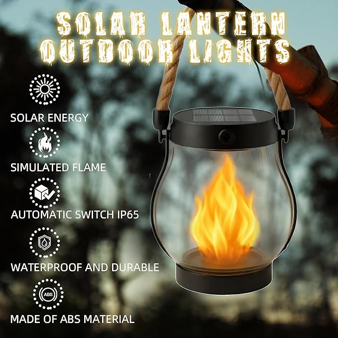 Kaliqo Solar Lantern Outdoor Lights Solar Lantern Waterproof Flickering Flame Hanging Lanterns for Patio Yard Garden Decor (1 Pcs)