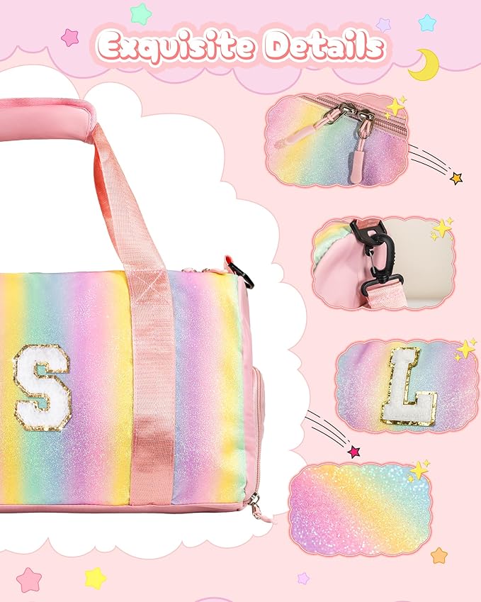 Birthday Gifts for 4 5 6 7 8 9 10 11 12 13 Year Old Girls-Girl Gym Bag with Shoe Compartment, Kid Personalized Dance Bags, Travel Tote with Makeup Pouch, Preppy Things for Girl (Letter E)