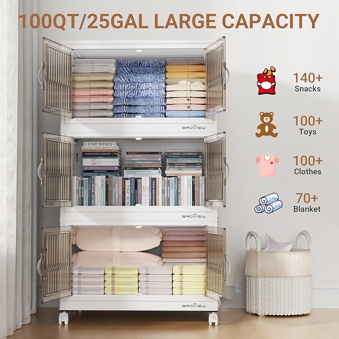 BROVIEW 500Qt Stackable Storage Bins with Lid, Extra Large Closet Organizer Collapsible Drawer Boxes with Wheels, Folding Plastic Cabinet Containers for Home Kitchen Room Organization, 5Pack White