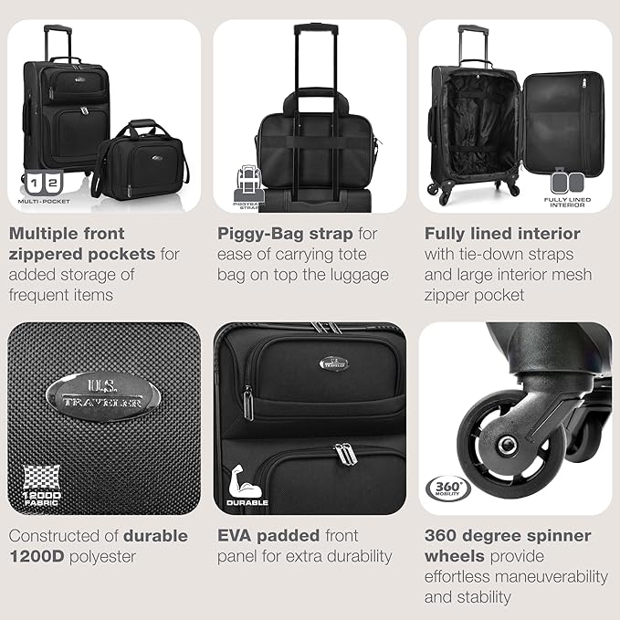 U.S. Traveler Lightweight Rolling 20" Carry On Luggage Softside Suitcase, Black, 4 Wheel