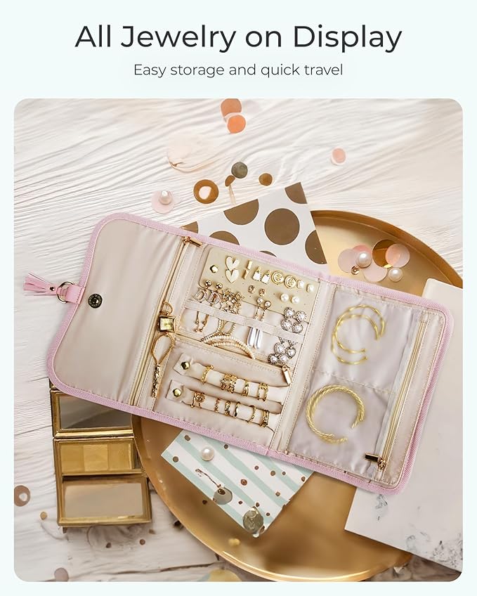 BAGSMART Travel Jewelry Organizer for Women, Foldable Jewelry Storage Roll for Earrings, Necklaces, Bracelets, Earrings, Brooches, Fashion Black