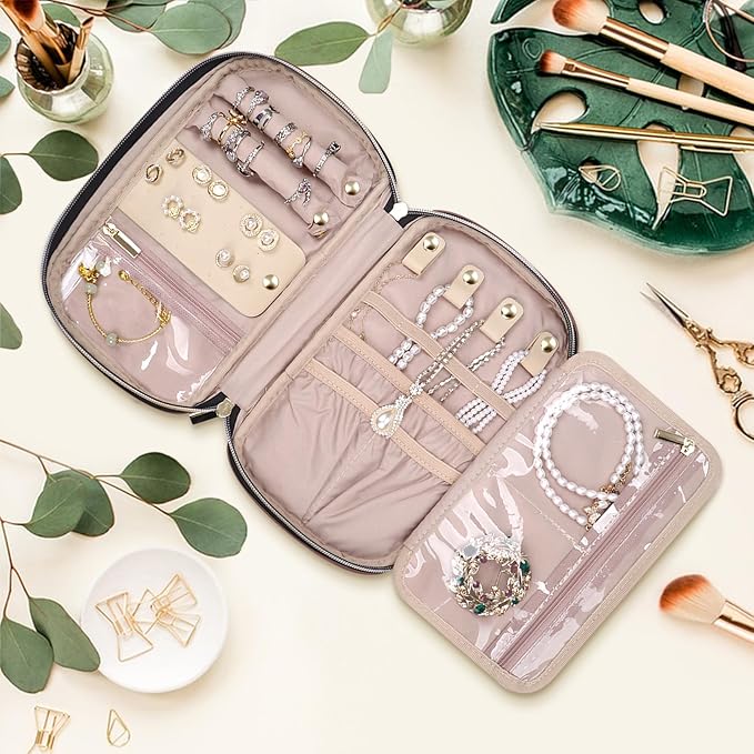 Jewelry Travel Case Organizer for Necklaces, Earrings, Rings, Bracelet, Watch, Soft Sided, Red Sandalwood
