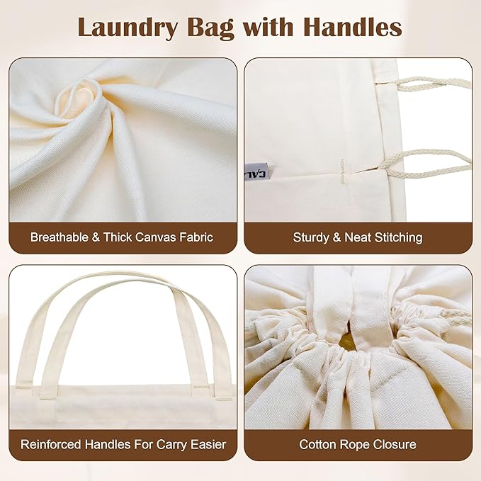 Canvas Laundry Bag 33"x 35", Thick Cotton Laundry Bag with Handles & Drawstring, Extra Large Heavy Duty Washable Basket Liner Hamper Liner Canvas Storage Sack (Beige XL, 2 Pack)