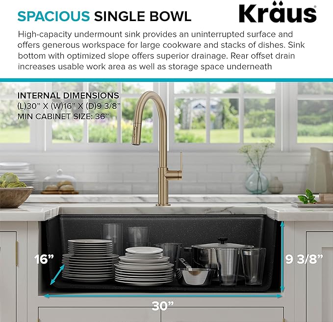 KRAUS Bellucci Workstation 32 in. Undermount Granite Composite Single Bowl Kitchen Sink in Metallic Black with Accessories with WasteGuard™ Continuous Feed Garbage Disposal, KGUW2-33MB-100-75MB