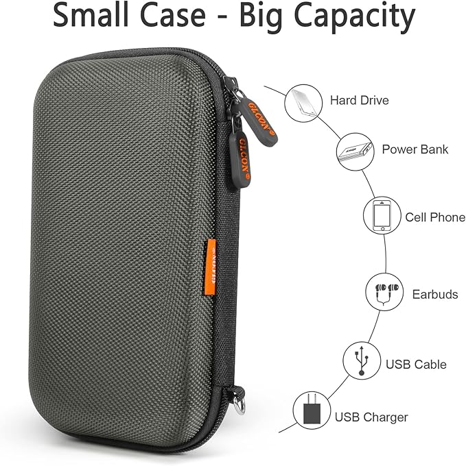 Silver-Gray Shockproof Hard EVA Carrying Case Travel Pouch for External Hard Drive, Power Bank, Cell Phone, Cable, Cord - Portable Small Electronic Accessories Organizer Storage Zipper Pouch