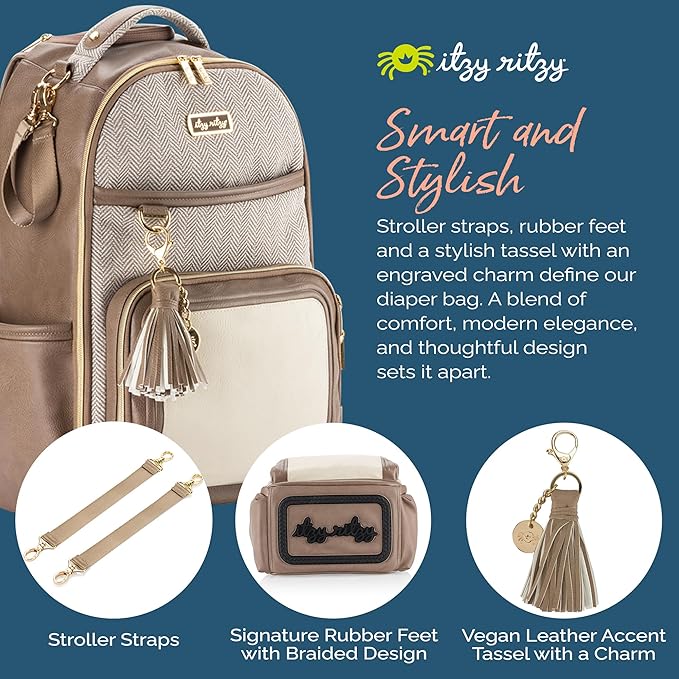 Itzy Ritzy Diaper Bag Backpack – Large Capacity Boss Plus Baby Backpack Diaper Bag Featuring 19 Pockets, Changing Pad, Stroller Clips, and Comfortable Straps (Vanilla Latte)