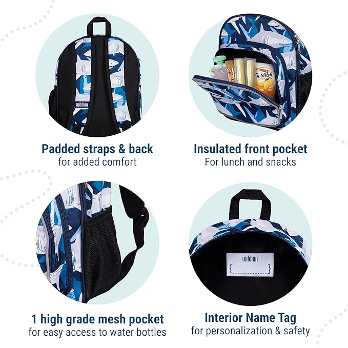 Wildkin 12-inch Kids Backpack – Padded, Adjustable, Ideal for Daycare & Travel - Sharks