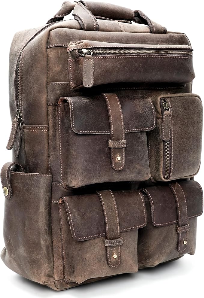 Handmade Leather Backpack for Men and Women, 15.6 Inch Laptop Bag, Genuine Leather Casual Daypack, For College & Office, Travel or Hiking - Retro Hunter Brown
