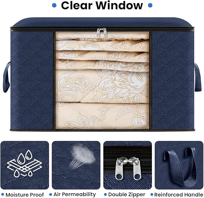 Fab totes 10 Pack Clothes Storage, Foldable Thick Fabric Blanket Storage Bags, Containers for Organizing Bedroom, Closet, Clothing, Comforter,Closet Organization with Handle,Blue