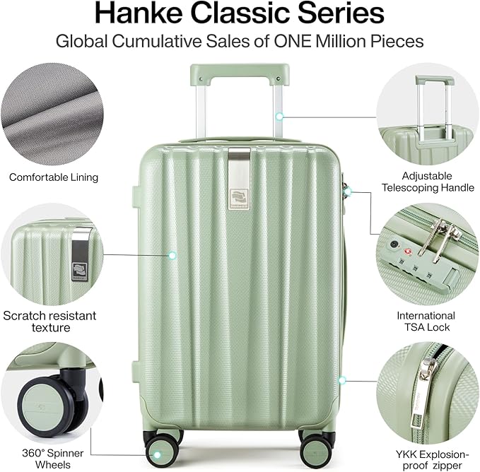 Hanke 20 Inch Carry On Luggage 22x14x9 Airline Approved Lightweight PC Hard Shell Suitcases with Wheels Travel Luggage Rolling Suitcase Travel Luggage Bag for Weekender(Bamboo Green)