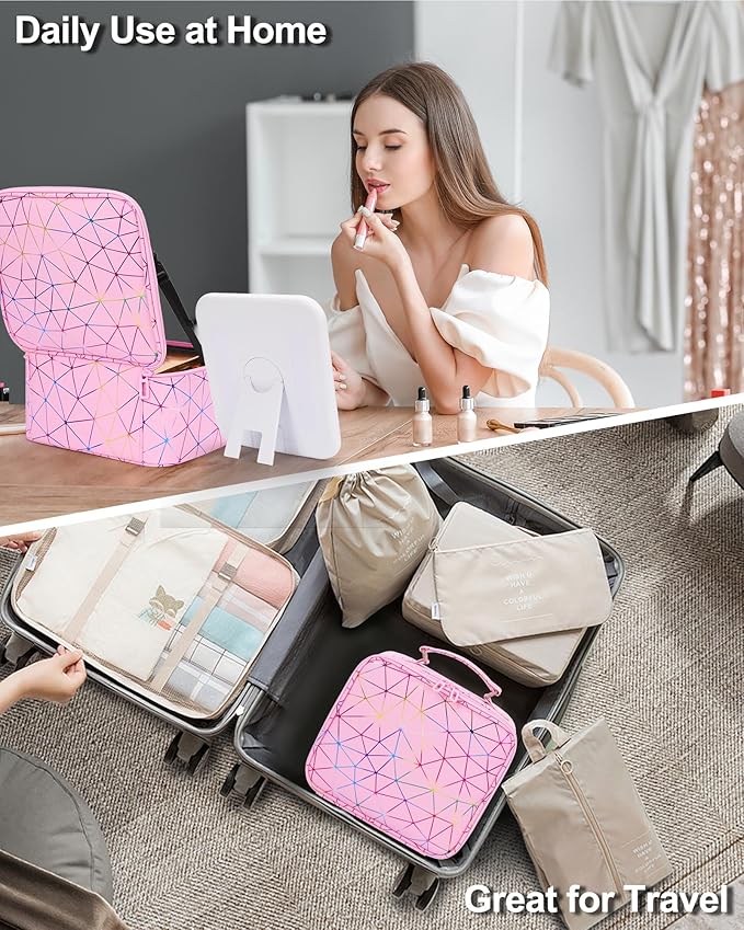 Chomeiu Makeup Bag with LED Mirror, Cute Cosmetic Bags Birthday Gifts for Girls Women, Makeup Train Case Artists Organizer Large Make Up Bags with Light Up Mirror 3 Color Lights, Pink Geometry