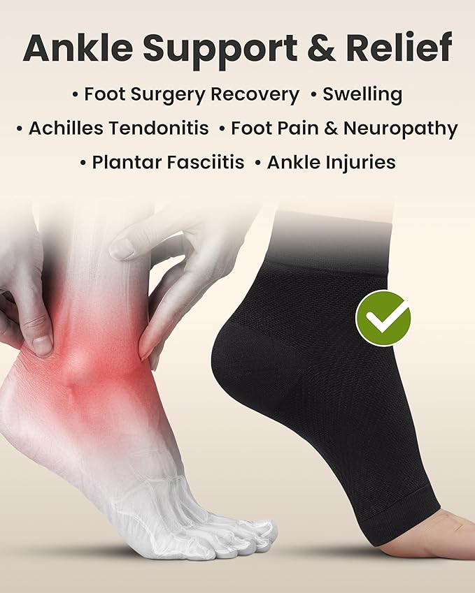 KEMFORD Ankle Compression Sleeve - Plantar Fasciitis Braces - Open Toe Compression Socks for Swelling, Sprain, Neuropathy, Foot Arch Support for Men and Women - 20-30mmhg, 2XL, Black