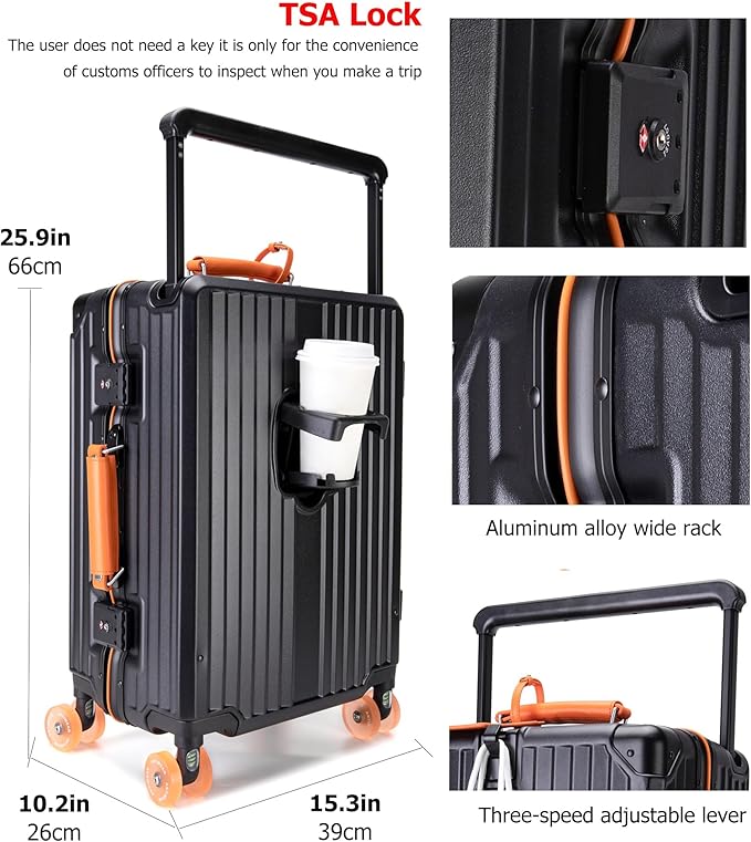 feilario 24in Aluminum Frame Wide Handle Hard Shell Carry On Suitcase - Vivid Colors Double Spinner Wheels Airline Approved Rolling Luggage with TSA Lock & Cup Holder (Silver, 24in)