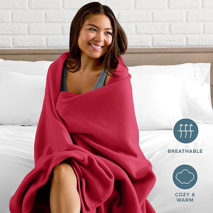 Bare Home Polar Fleece Blanket - Extra Long - Red - Warm & Cozy - Premium Fleece Throw for Bed, Sofa, Camping, Travel and Cold Nights - Lightweight Blanket (Twin/Twin XL, Red)