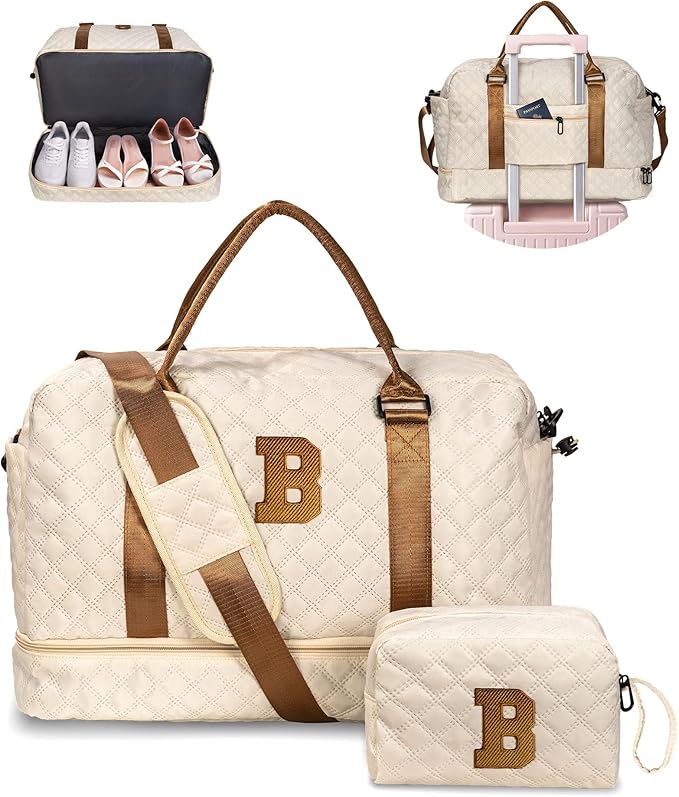 Gifts for Girls-Initial Duffle Bag with Shoe Compartment, Personalized Weekender Bag, Monogram Overnight Letter Travel Bag with Makeup Pouch, Tween Girls Trendy Stuff Gift (Letter B)