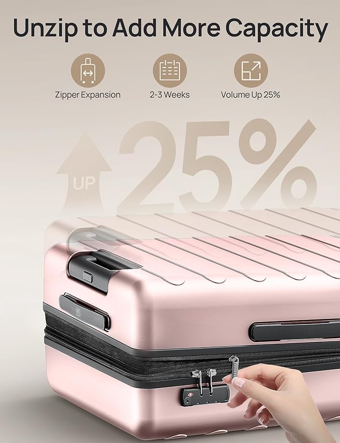 Carry on Luggage 22 X 14 X 9 Airline Approved, 20 Inch Luggage for 3-5 Days Travel, Double Spinner Wheels, 100% Hardshell PC, TSA Lock (00-Pink (Expandable), Checked 24-Inch)
