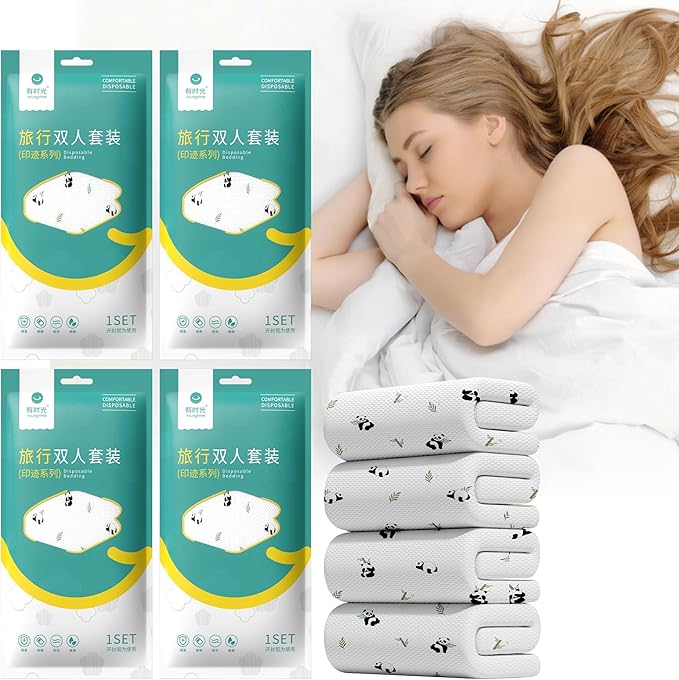 YOUNGTIME Disposable Bed Sheets, Quilt Cover and Pillow case Set for Hotel and Travel,Portable Ready to use Bedding Set Travel 4-Piece Double,Panda,4 Pack