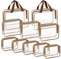 TISRATOK 10 PCS Clear Travel Makeup Toiletry Bag, Plastic PVC Cosmetic TSA Approved Organizer Kit with Zipper Handbag（Coffee）