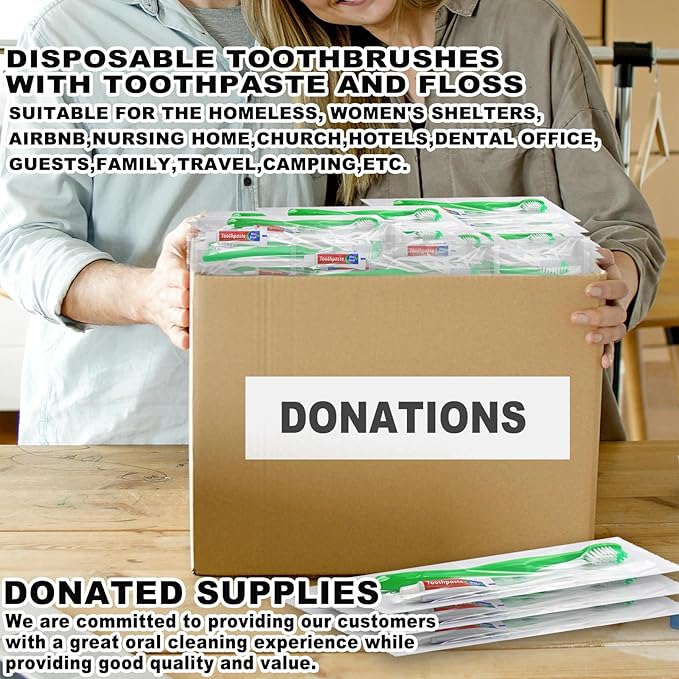 Disposable Toothbrushes with Toothpaste and Floss,100Pcs Green Single Use Individually Wrapped Disposable Travel Toothbrushes and Dental Floss Kit Bulk for Homeless,Airbnb,Hotel,Dentist