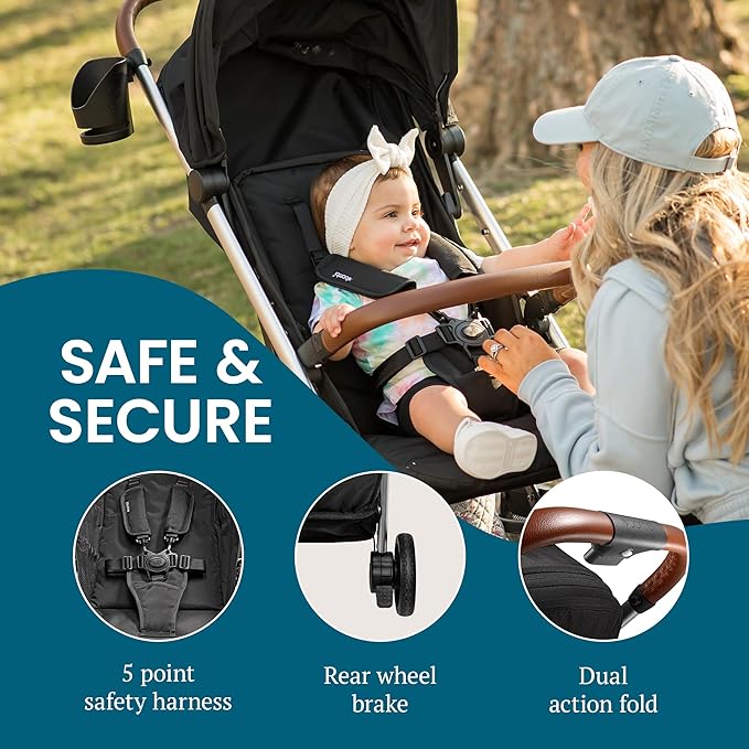 Bombi Bēbee V2 Lightweight Baby Stroller - Premium Vegan Leather, One-Hand Fold, Infinite Recline, Aircraft-Grade Aluminum Frame, XXL Canopy, and Ample Storage Umbrella Stroller - Stone Gray