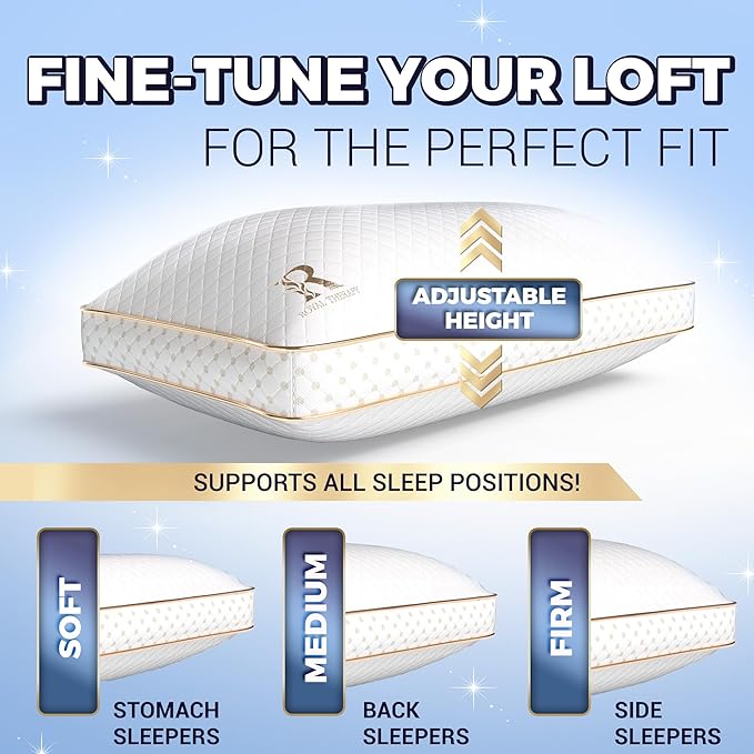 Royal Therapy Queen Memory Foam Pillows - Shredded Memory Foam Pillow for All Sleep Positions - Medium Firm Pillow with Adjustable Loft, Bamboo Rayon Cover, CertiPUR-US, Oeko-TEX Certified