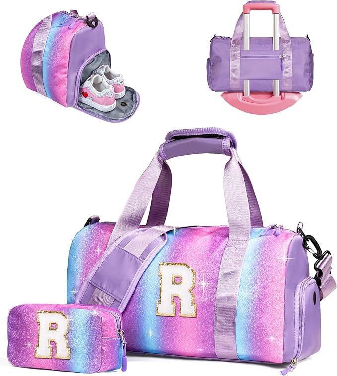 Girls Trip Gifts for Kids-Girl Gym Bag with Shoe Compartment, Kid Personalized Weekender Overnight Bags, Initial Travel Tote with Makeup Pouch, Valentines Day Gift for Girls (Letter R)