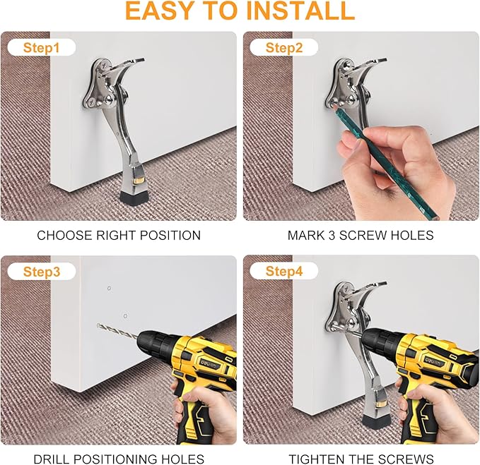 4 Packs Heavy Duty Kickdown Door Stopper, One Touch Adjustable Kickdown Door Stop for Heavy Doors, 4 in Metal Door Kickstand with Rubber Tip & Wall Protectors for Wide Doors