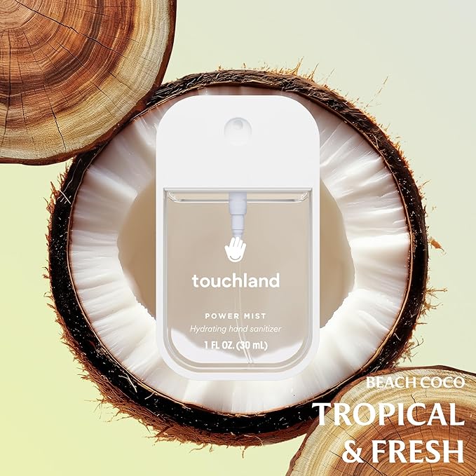Touchland Power Mist Hydrating Hand Sanitizer Spray, DYE FREE Trio Set (Rainwater, Unscented, Beach Coco), 1 FL. OZ. Travel Size (Set of 3)
