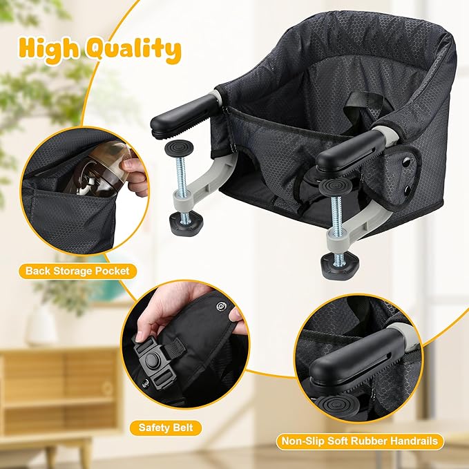 Hook On Chair, Safe and High Load Design, Fold-Flat Storage and Tight Fixing Clip on Table High Chair, Removable Seat Cushion, Attach to Fast Table Chair (Black)