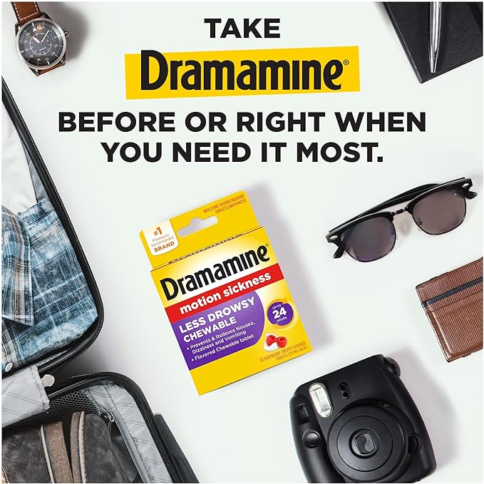 Dramamine Chewable Less Drowsy, Motion Sickness Relief, Raspberry Cream Flavor, 12 Count, 2 Pack