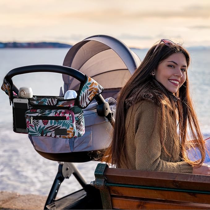 Momcozy Universal Stroller Organizer, 2 Insulated Cup Holders, Removable Zip Pocket, Adjustable Straps, Large Capacity Baby Essentials Compact Design, Fits Any Stroller (Multicolor)