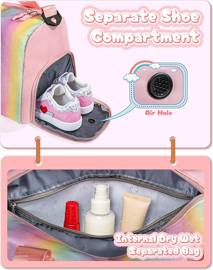 Easter Gifts for Teens Girls-Girl Gym Bag with Shoe Compartment, Kid Personalized Weekender Overnight Bags, Initial Travel Tote with Makeup Pouch, Gift for 3 4 5 6 7 Year Old Kids (Letter T)