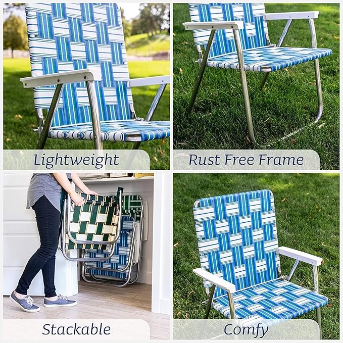 Lawn Chair USA - Outdoor Chairs for Camping. Made with Lightweight Aluminum Frames and UV-Resistant Webbing. Folds for Easy Storage 2- Pack (Black with Black Arms, Classic)
