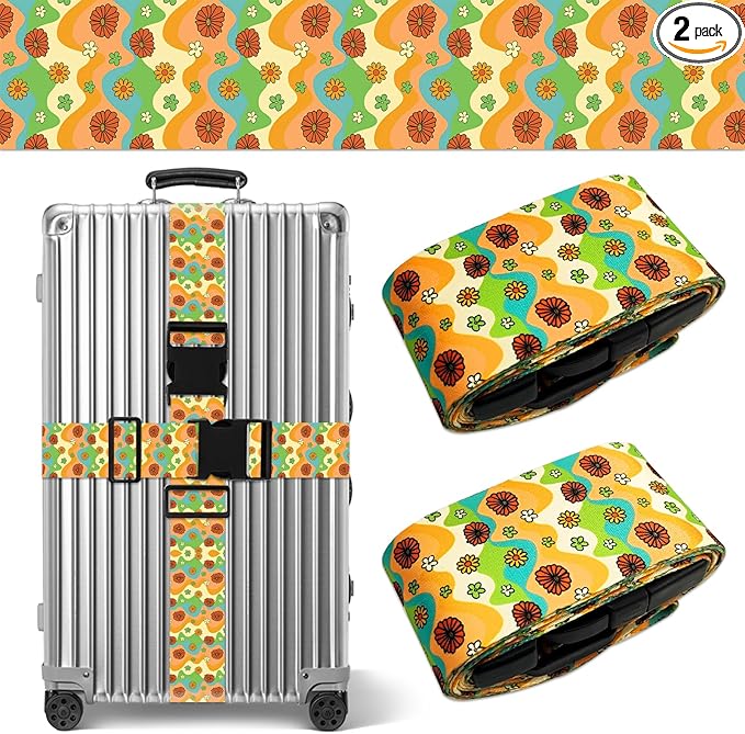 Luggage Straps for Suitcases TSA Approved, Luggage Identifiers for Suitcase, Adjustable Suitcase Strap for Baggage Security with Cute Patten, Travel Necessary Accessories (Rainbow Flower)