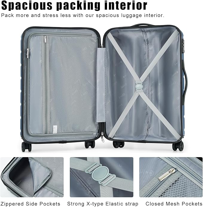 Coolife Luggage Suitcase Carry-on Spinner TSA Lock USB Port Expandable (only 28’’) Lightweight Hardside Luggage (Gray, S(20in_carry on))