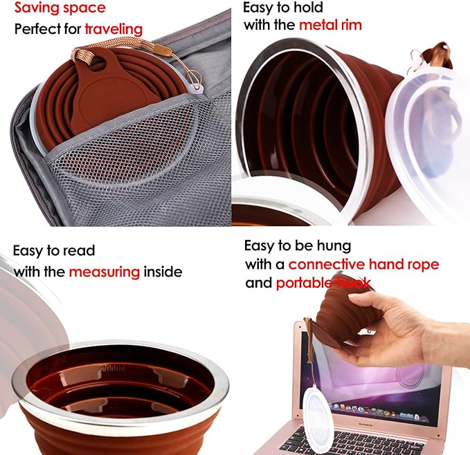 ME.FAN Silicone Collapsible Travel Cup - Silicone Folding Camping Cup with Lids - Expandable Drinking Cup Set - Portable, Graduated [9.22oz]