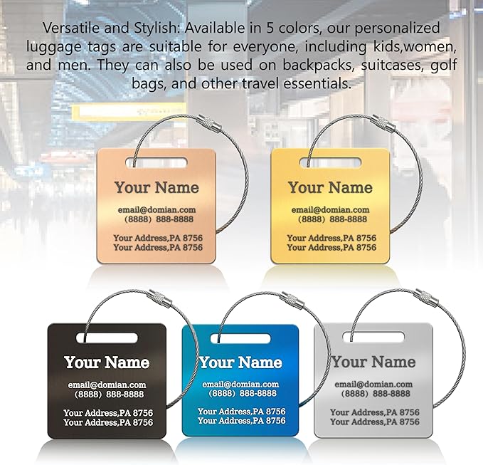 （2-Pack） Stainless Steel Custom Luggage Tags - Laser Engraved Personalized Travel Tags - Custom Name Identification Tags: for Suitcases, Backpacks, Bags and More (Blue)