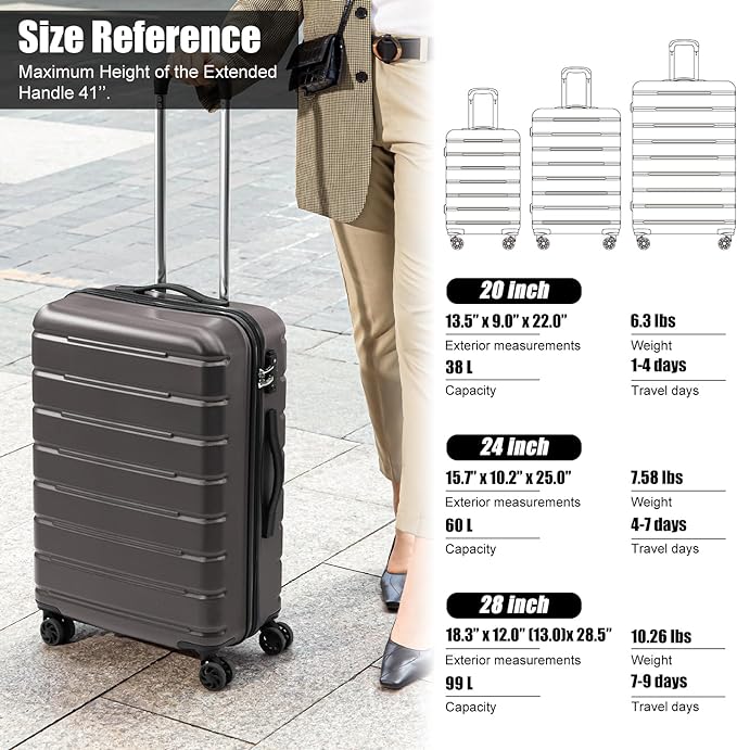 Coolife Luggage Suitcase Carry-on Spinner TSA Lock USB Port Expandable (only 28’’) Lightweight Hardside Luggage (Gray, 3 piece set)